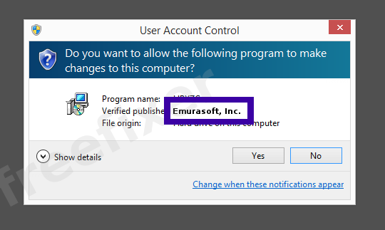 Screenshot where Emurasoft, Inc. appears as the verified publisher in the UAC dialog